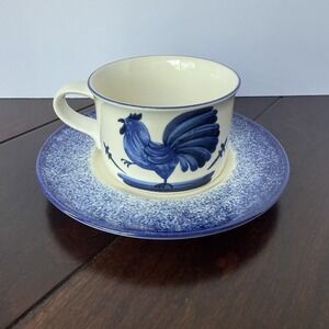 Vintage Mikasa Laurie Gates Sunrise Flat Cup W/Saucer Set Blue White Rooster